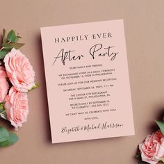 the happily ever after party card is next to pink flowers and greenery on a table