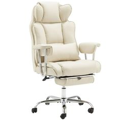 a white office chair sitting on top of a metal casteor wheel base with an arm rest