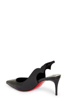 A curvy, scalloped slingback strap and sharp, pointy toe ignite a patent-calfskin pump finished with an iconic Louboutin red sole. 2 3/4" (70mm) heel (size 8.5US/38.5EU) Elasticized slingback strap Wipe with a soft, dry cloth and store in a dust bag Please note the red lacquer on soles will wear off as a result of normal use. To minimize the effect, avoid wearing in wet weather or on abrasive surfaces Leather upper, lining and sole Made in Italy Designer Shoes Black Slingback Pumps With Red Sole And Pointed Toe, Luxury Black Slingback Pumps With Pointed Toe, Black Patent Leather Pointed Toe Slingback Pumps, Black Slingback Pumps With Pointed Toe, Medium Width, Black Synthetic Slip-on Slingback Pumps, Red Lacquer, Red Sole, Wet Weather, Slingback Pump