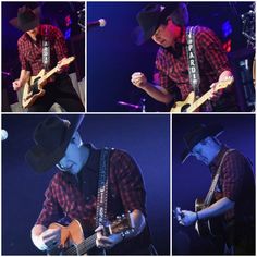 four pictures of a man playing guitar on stage