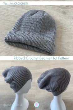 three photos showing how to make a knitted beanie hat with the same pattern