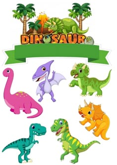 the dinosaurs are in different colors and sizes with a banner above them that says dinosaur