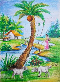 a drawing of people and animals in a tropical setting with palm trees, water and houses