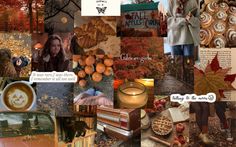 a collage of photos with autumn and fall colors, including pumpkins, leaves, apples, cinnamon rolls, an orange car, people in the woods