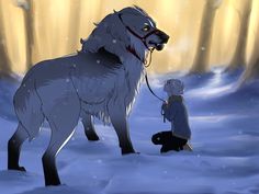 a man kneeling down next to a wolf in the snow with another person standing behind him