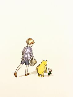 a drawing of a boy walking next to a winnie the pooh bear holding a watering can