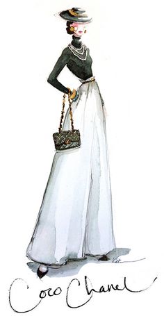 a drawing of a woman in a white dress with a handbag on her hip