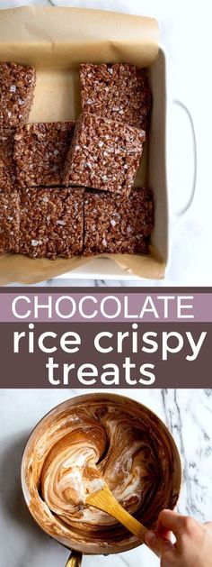 chocolate rice crispy treats in a box with text overlay