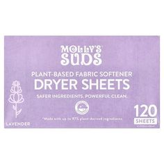 the label for moly's suds plant based fabric softener dryer sheets