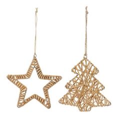 two wooden ornaments hanging from strings on a white background, one is shaped like a christmas tree and the other has an ornament