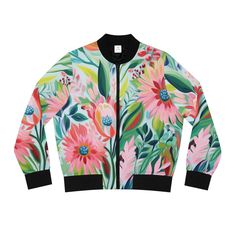 Step up your style game with this iconic bomber jacket with bold spring flowers - a true statement piece that's set to elevate your wardrobe. Boasting a stand-collar design and ribbed cuffs, collar, and hem, this jacket isn't just stylish, it's built to last. Crafted from 100% polyester, it offers both durability and comfort in equal measure. With its regular fit and sleek black lining, collar, cuffs, and hem, this bomber jacket exudes effortless cool. Complete with a copper zipper closure, it's the epitome of contemporary chic. Ready to make a statement? Slip into this bomber and own your style like never before. Spring Floral Print Outerwear With Stand Collar, Casual Spring Outerwear With Graphic Print, Trendy Floral Print Outerwear For Spring, Trendy Floral Print Spring Outerwear, Casual Printed Spring Outerwear, Casual Printed Outerwear For Spring, Trendy Spring Track Jacket With Ribbed Cuffs, Trendy Track Jacket With Ribbed Cuffs For Spring, Trendy Graphic Print Spring Outerwear