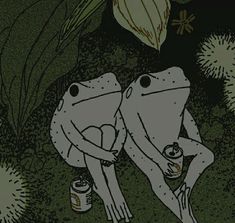 two frogs sitting next to each other with cans in front of them and plants behind them