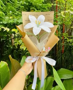 a hand holding a bouquet of white flowers