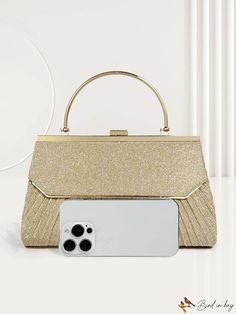 BirdinBag - Chic Pleated Glitter Clutch - Elegant Gold Evening Bag for Women - Ideal for Parties and Weddings Elegant Gold Bag With Glitter, Elegant Gold Glitter Bag, Elegant Gold Glitter Bags, Gold Rectangular Bags With Glitter, Gold Evening Bag, Glitter Clutch, Word Wrap, Square Bag, Handle Bag