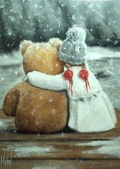 a painting of two teddy bears hugging in the snow