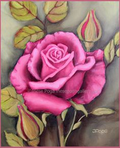 a painting of a pink rose with green leaves