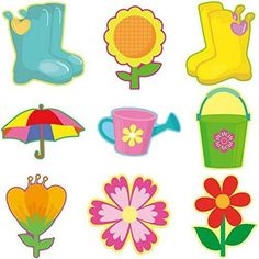 a bunch of different types of flowers and rain boots on a white background with text