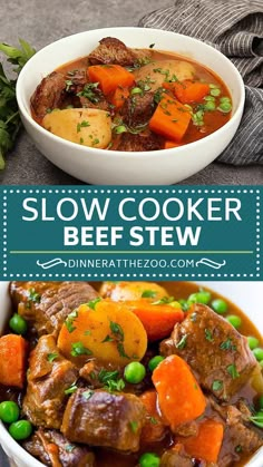 this slow cooker beef stew is loaded with carrots, peas and potatoes