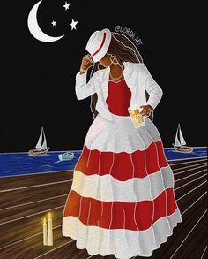 a painting of a woman in a red and white dress standing on a pier at night