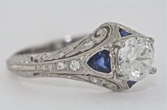 Another Fave- not vintage but customizable- Platinum Diamond and Sapphires Edwardian by MasterPieceJewelers Hand Engraved Engagement Rings, Blue Nile Jewelry, Sister Rings, Emerald Cut Diamond Engagement Ring, Engraved Engagement Ring, Edwardian Style, Jewelry Accessories Ideas, Art Deco Engagement Ring, Art Deco Diamond