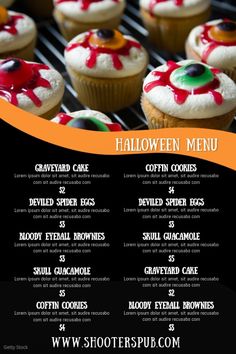 a menu for halloween themed cupcakes on a grill with an orange and black background