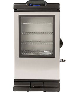 an electric oven with two shelves on the front and one door open to show it's contents