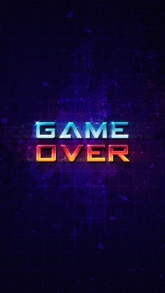 the game over logo is shown on a dark background with blue and purple colors, as well as stars