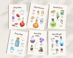 four cards with different types of perfumes on them, all in watercolor and ink