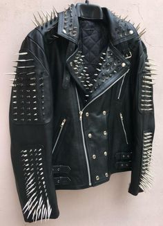 Men's Handmade Black Silver Long Spiked Studded Cowhide Leather Jacket on Storenvy Diy Leather Jacket, Hazbin Cosplay, Black Metal Style, Denim Jacket Diy Paint, Spiked Leather Jacket, Cute Goth Outfits, Ropa Punk Rock, Goth Jacket, Battle Jackets