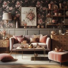 a living room filled with furniture and flowers