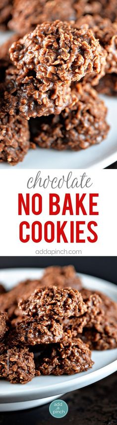 chocolate no bake cookies on a white plate with the words chocolate no bake cookies