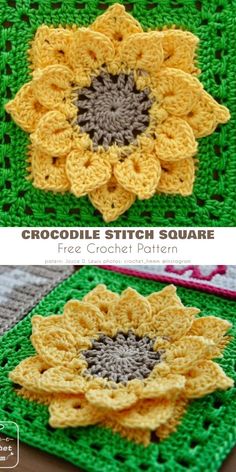 crocheted sunflower is shown on the left and right side of this square