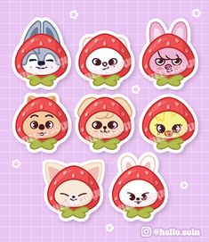 some stickers with cute animals in the shape of red hats and ears on them