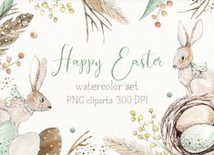 a watercolor easter scene with bunnies and eggs