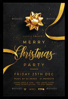 merry christmas party flyer with gold ribbon and bow on black background - clubs & parties print templates