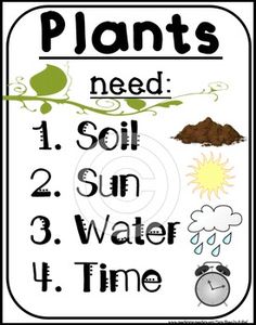 a sign that says plants need 1 soil 2 sun 3 water 4 time