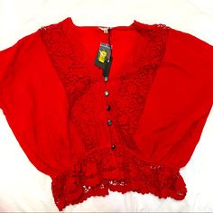 Size Small, Nwt Never Worn, Perfect Conditions, Details Are Beautiful.. Any Questions, Ask :) Red Lace Top For Summer, Chic Red Lace Top, Flannel Crop Top, Buffalo Shirt, Red Floral Blouse, Tan Blouse, White Floral Top, Red Flannel, Tie Dye Cotton