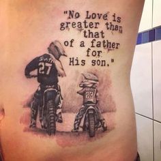 a woman with a tattoo on her stomach that reads, no love is greater than that of a father for his son