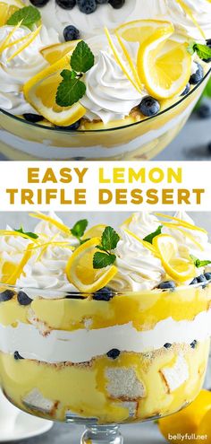 an easy lemon trifle dessert with blueberries and lemons on top is ready to be eaten