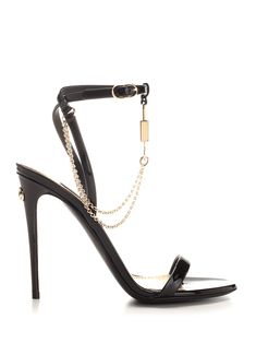 Dolce & Gabbana sandal in black patent leather with chain and charm Composition: EXT. COMPOSITION:100%Vitello | Dolce & Gabbana Women's Black Patent Sandal | SS24 Dolce And Gabbana Shoes, Sandal For Women, Aesthetic Shoes, Dolce E Gabbana, Pretty Shoes, Black Patent Leather, Luxury Retail, Bridal Shoes, High Heel Shoes