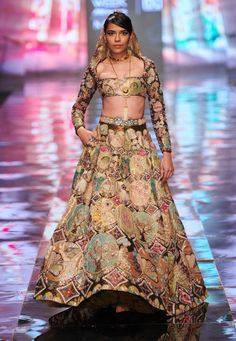 Patchwork Lehenga, Kali Lehenga, Aisha Rao, Lehenga With Blouse, Gold Lehenga, Blouse Yoke, Embroidered Motifs, Sleeves Blouse, Gold Fabric