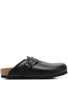 black calf leather decorative buckle detail slip-on style round toe moulded footbed flat rubber sole Boston Black Birkenstock, Birkenstock Boston, Birkenstock Boston Clog, Birkenstock Shoes, Monk Strap, Mule Clogs, Mules Shoes, Online Shopping Clothes, Birkenstock