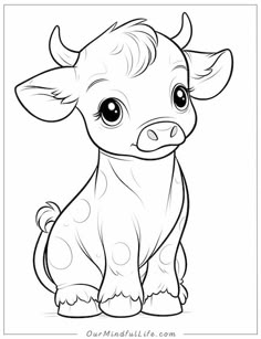 a baby cow with big eyes sitting down and looking at the camera, coloring page