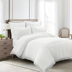 Solid. Lace Detail. Machine Wash, Tumble Dry Low. Lush Decor Pure White Solid King Comforter with (Fill) | 21T012785 Cottage Style Bedroom, Lush Decor, Patio Dining Table, King Comforter, Queen Comforter, Lightweight Comforter, Beds & Bed Frames, Patio Furniture Sets, Comforter Set