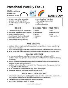 a poster with the words preschool weekly focus on rainbows and other things to do