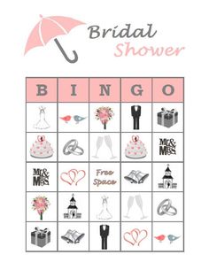 the bridal shower game is shown in pink and white with an umbrella over it