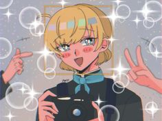 an anime character holding a camera and pointing to bubbles in front of her with both hands