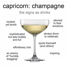 a wine glass filled with white wine and labeled caption champagne the signs as drinks