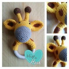 a crocheted giraffe head hanging from a hook