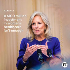 a woman standing at a podium with microphones in front of her and the caption reads, $ 100 million investment in women's healthcare isn't enough